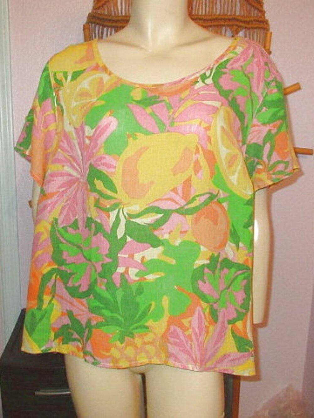 Womens Linen Blouse Top Size 1X Boxy Tunic Short Sleeves Floral Pineapple Citrus